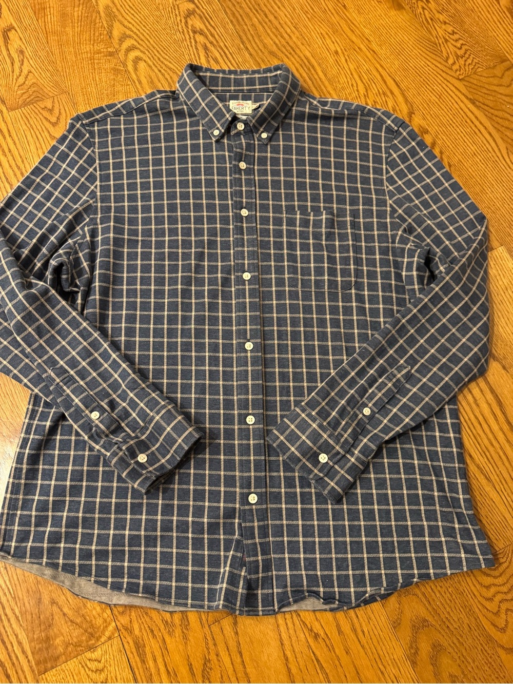 Faherty Navy Plaid Button-Down Shirt with Tan Windowpane